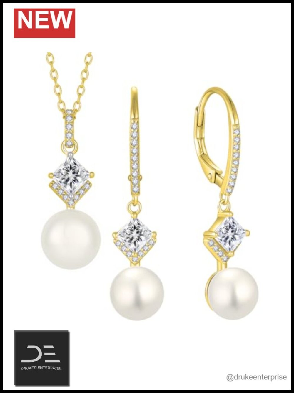 Pearl Jewelry Set 18K Yellow Gold Plated Necklace Earrings Cubic Zirconia